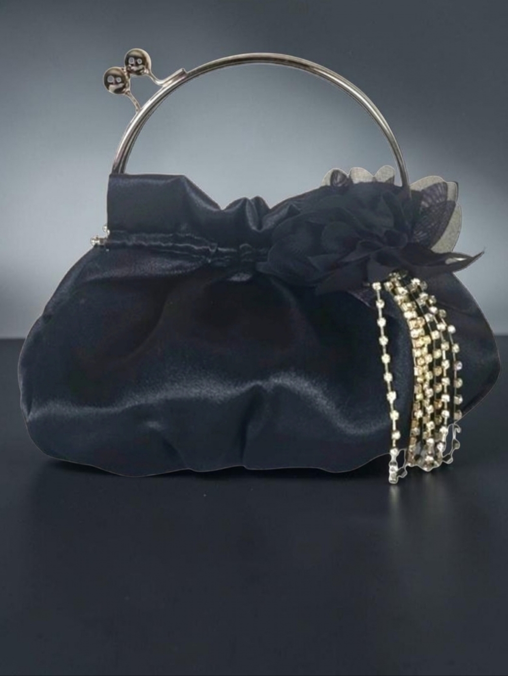 𝅺Black Sateen Pouf Evening Bag Rhinestone Floral Silver Handle Clasp Mini Purse